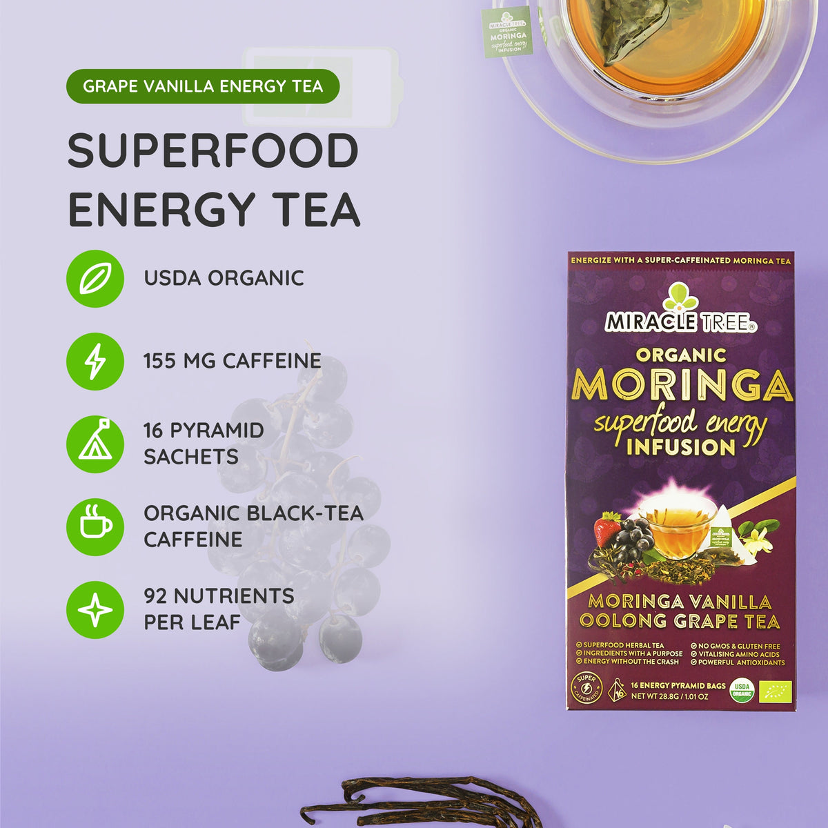 Organic Moringa Energy Tea - Vanilla Oolong Grape - Natural Coffee Alternative