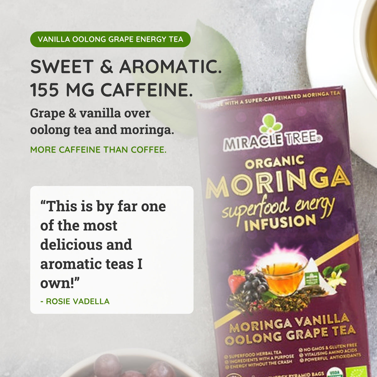 Organic Moringa Energy Tea - Vanilla Oolong Grape - Natural Coffee Alternative